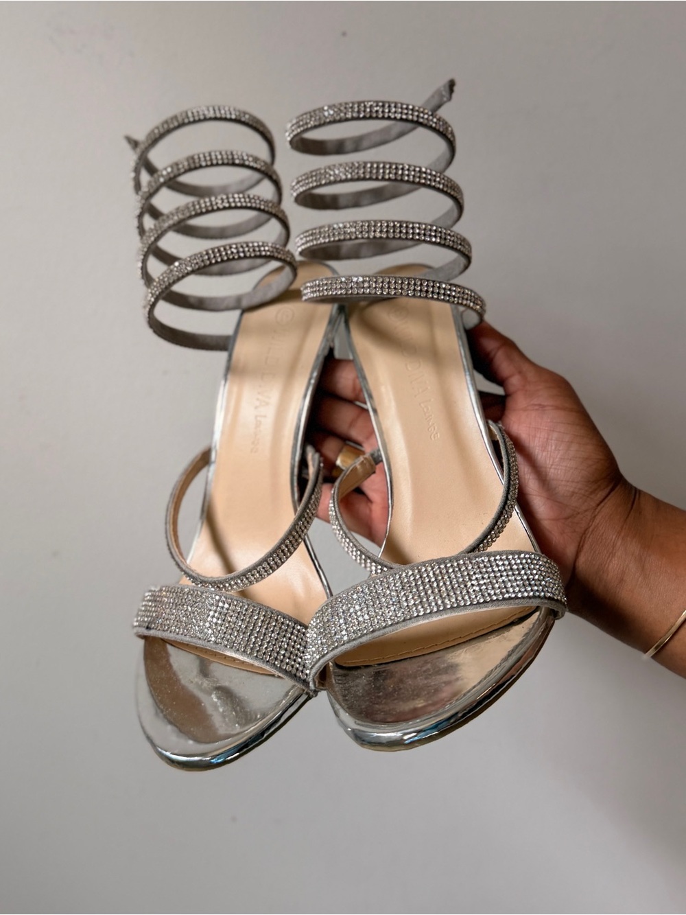 Women's Silver Rhinestone Spiral Strap Heeled Sandals